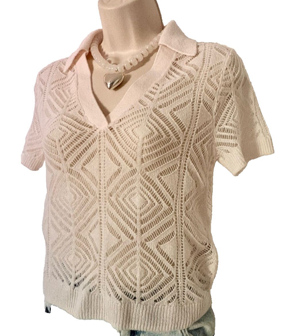 NWT J.Crew Cashmere Ivory Diamond Pointelle Cropped Short Sleeve Polo Sweater XS